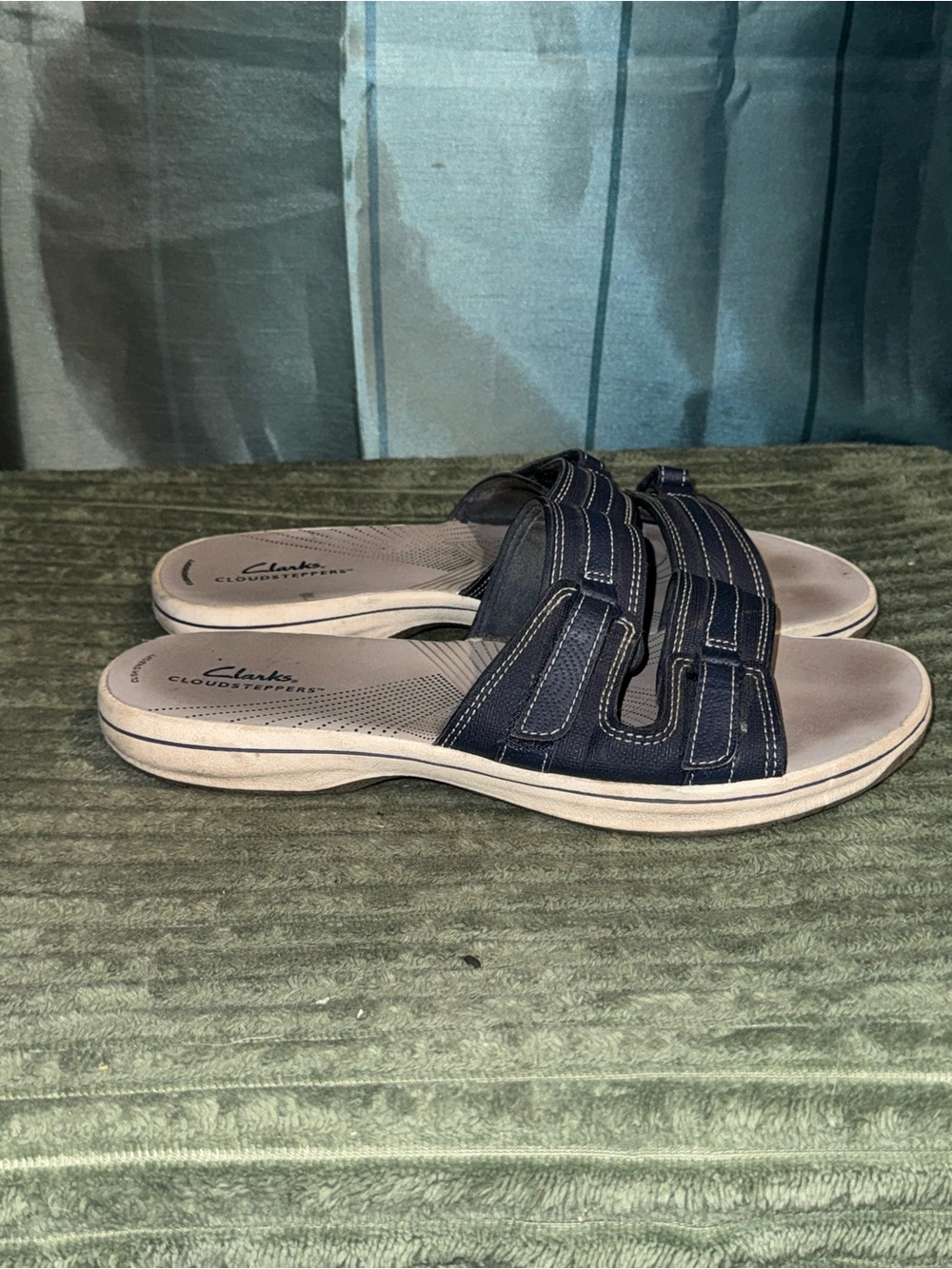 Clarks Navy Slip-On Women’s Sandals with Dual Straps